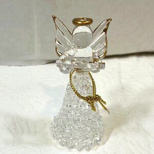 Glass Christmas Angel Figurine w/Spun Glass Skirt Gold Tim Halo & Wings 3"
